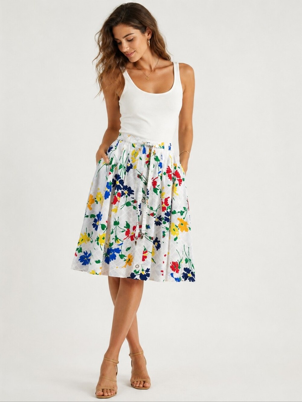 Vintage 1970's Full A Line Bright White & Colorful Floral Skirt